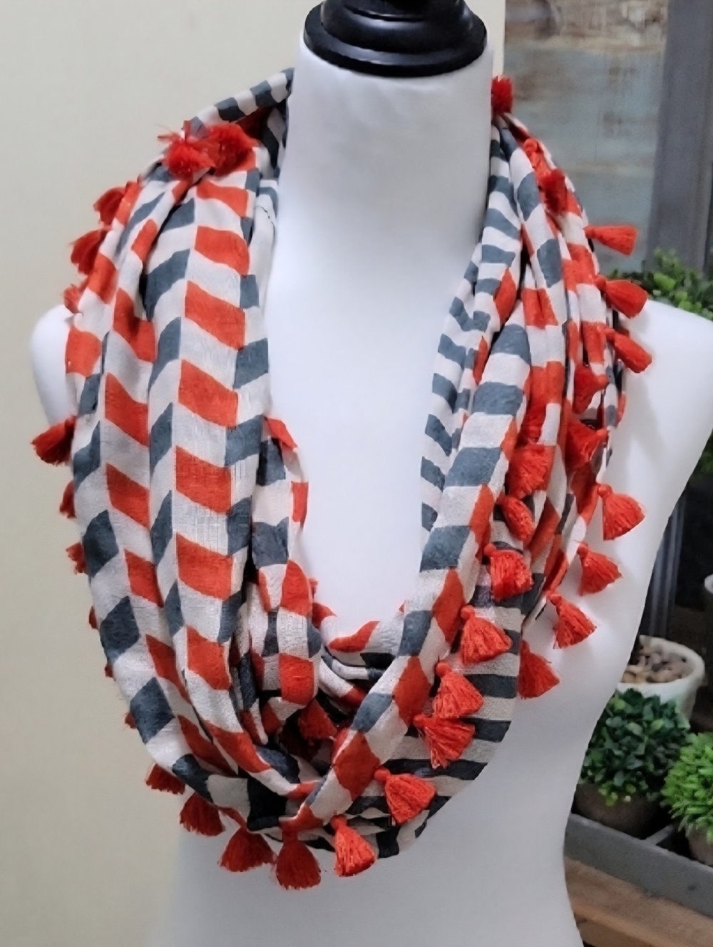 Tolani Silk Blend Chevron Stripe Infinity Scarf in Red, Gray & Cream, Tassels